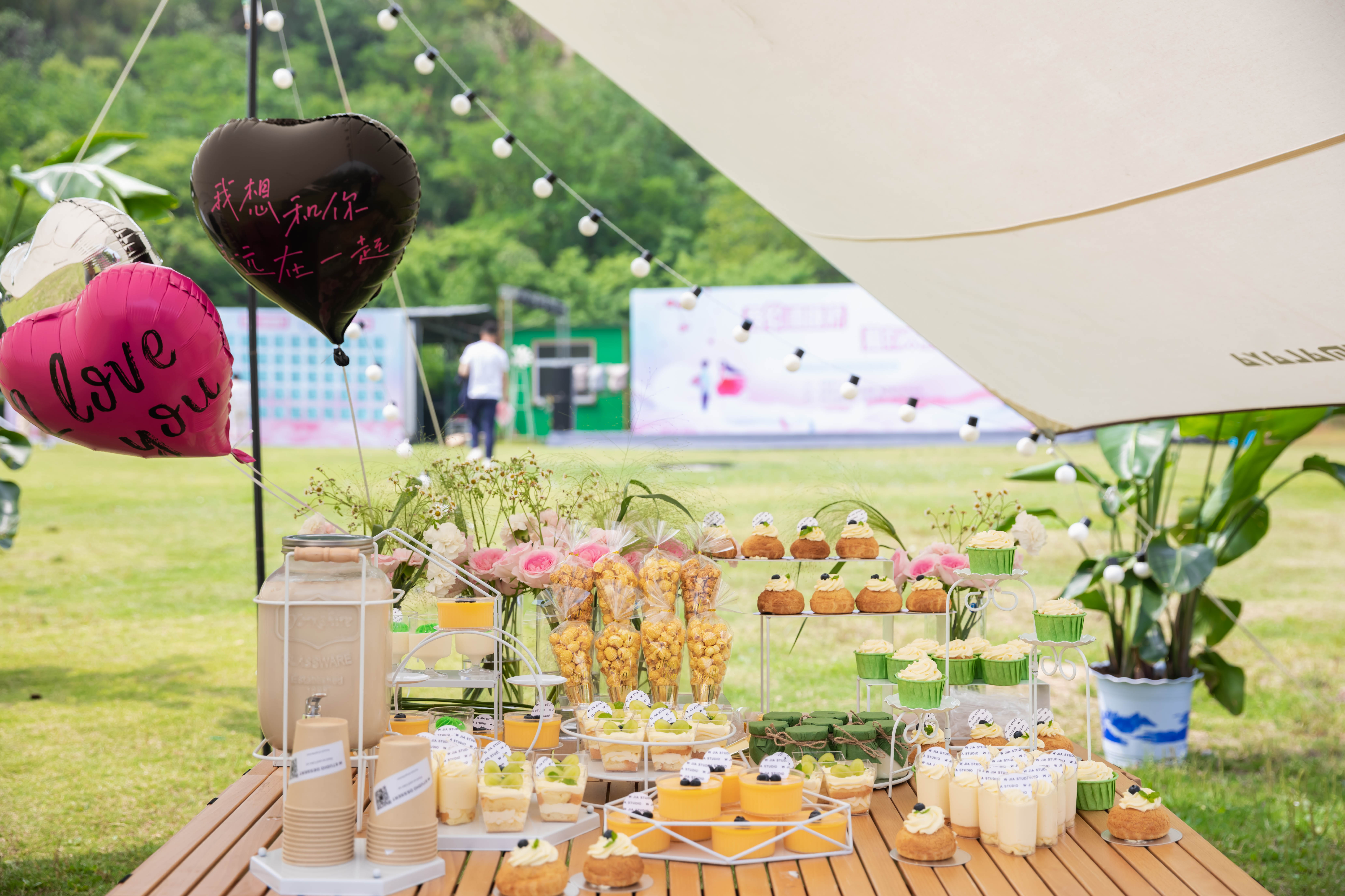 活动现场进行了精心布置,在凤凰山下的草坪设置了天幕帐篷,甜品茶歇等